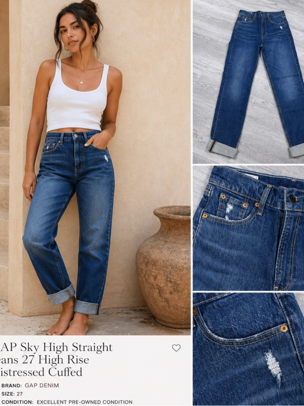 GAP Sky High Straight Jeans 27 High Rise Distressed Cuffed